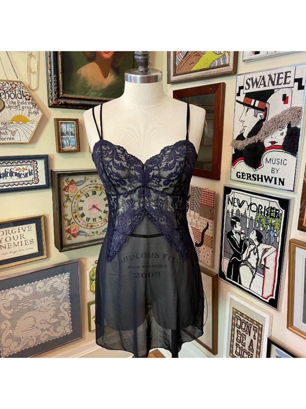 Wacoal Dark Blue & Black Instant Icon Chemise 814322 Sheer Slip with Lace Size L